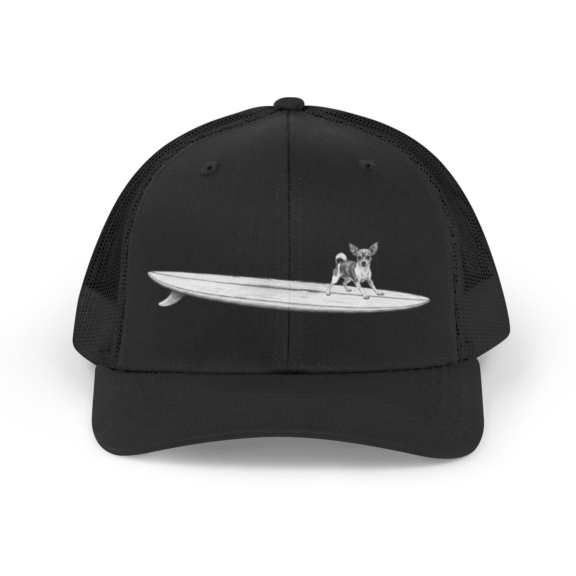 Black hat with a design of a  Chihuahua on a longboard on a black backgroud.