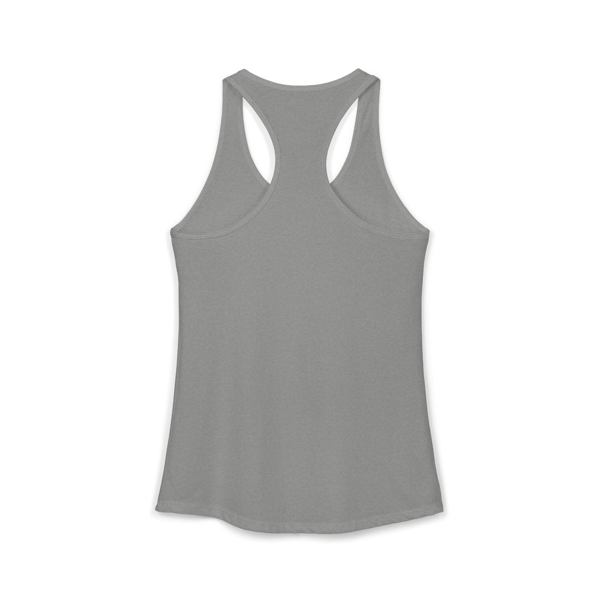 Back view of a gray racerback tank top.