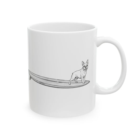 White mug with a French Bulldog on a long surfboard with a white background.