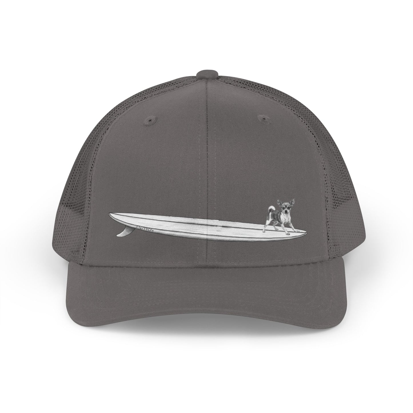 Gray trucker hat with a black and white graphic of a chihuahua on a surfboard design on a gray background. 