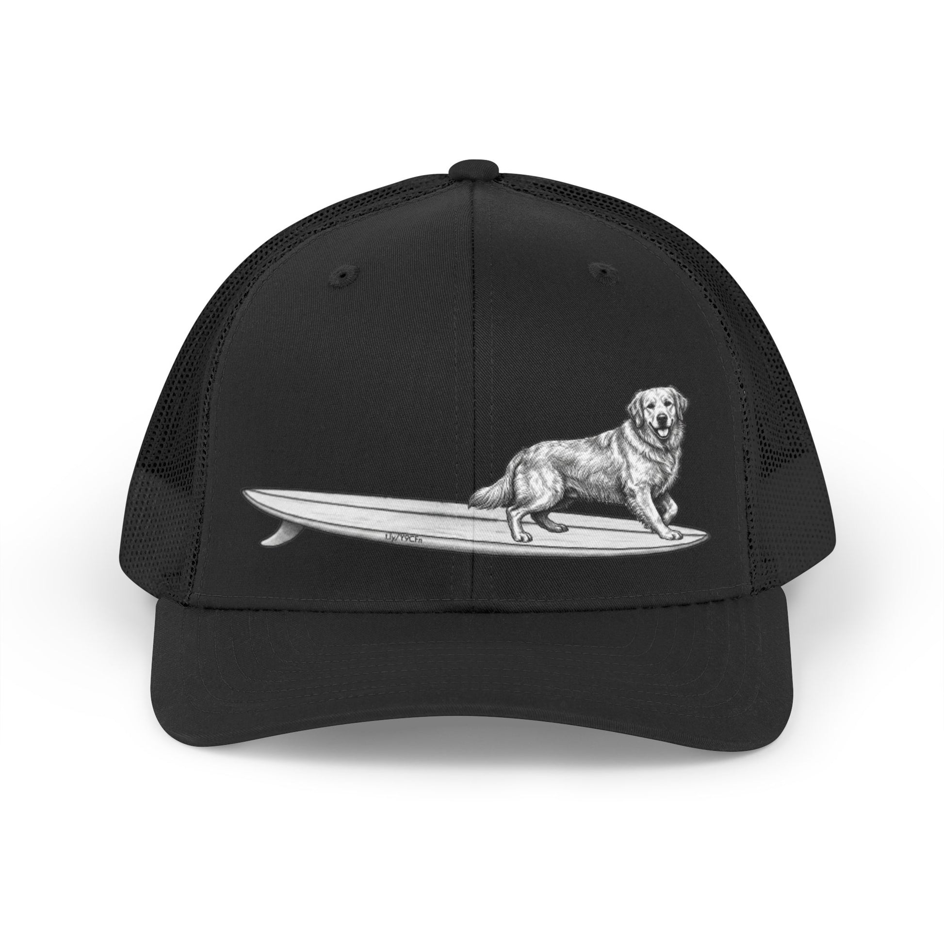 Black cap with a Golden Retriever on a surfboard design on a black background