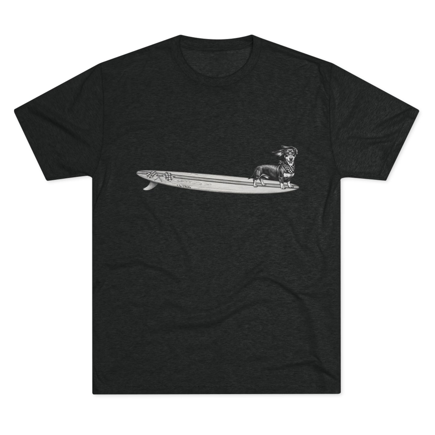 Black tshirt with a Dachshund dog on a longboard surfboard with racing flags on it. The dog has a checkered bandana around it's neck. 