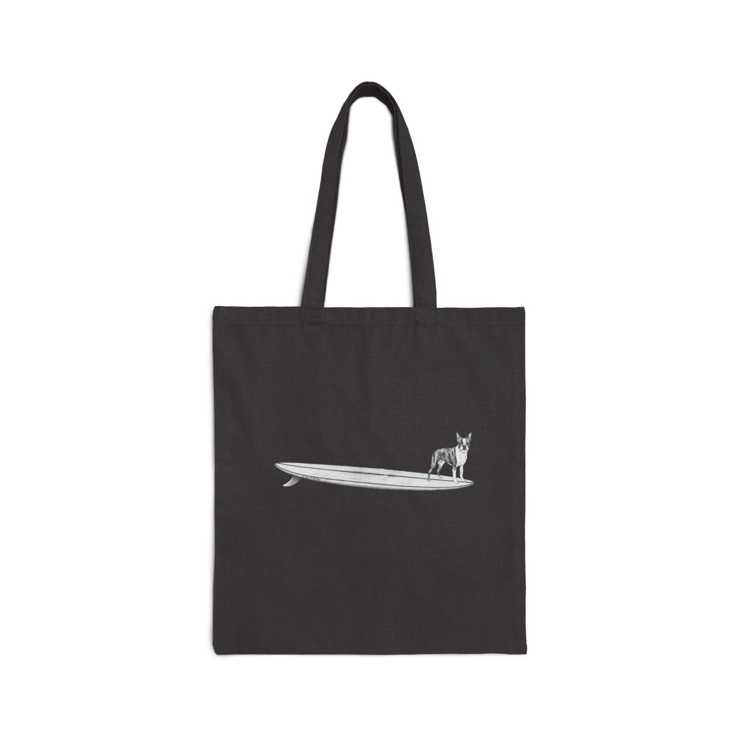 Black tote bag with a Boston Terrier on a longboard surfboard on a white background