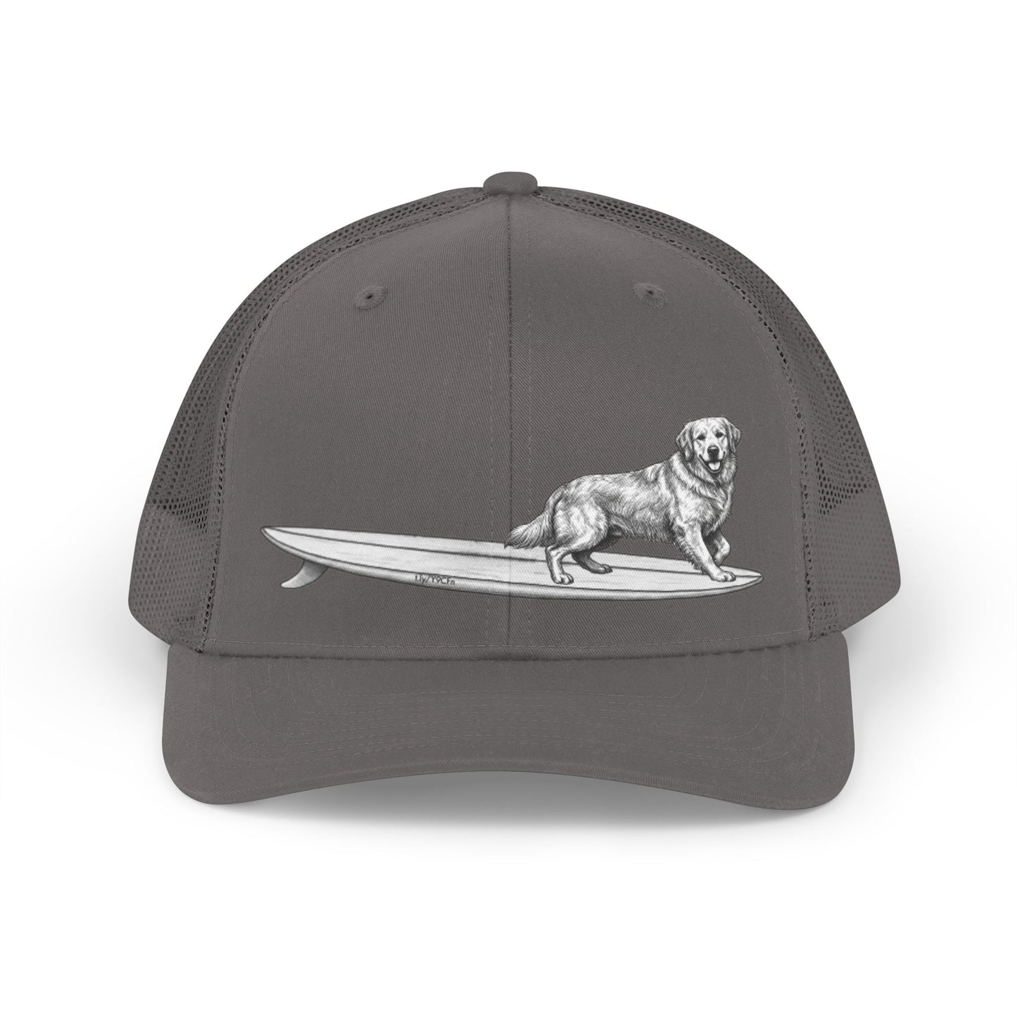 Gray cap with a Golden Retriever on a surfboard design on a gray background