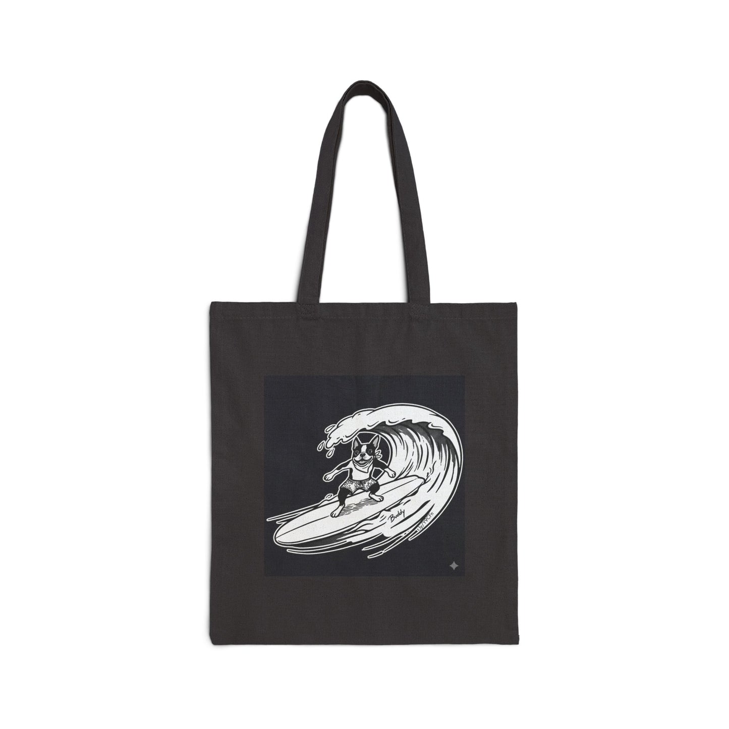 Black tote bag with a graphic of a boston terrier riding a big wave on a longboard with a black background.