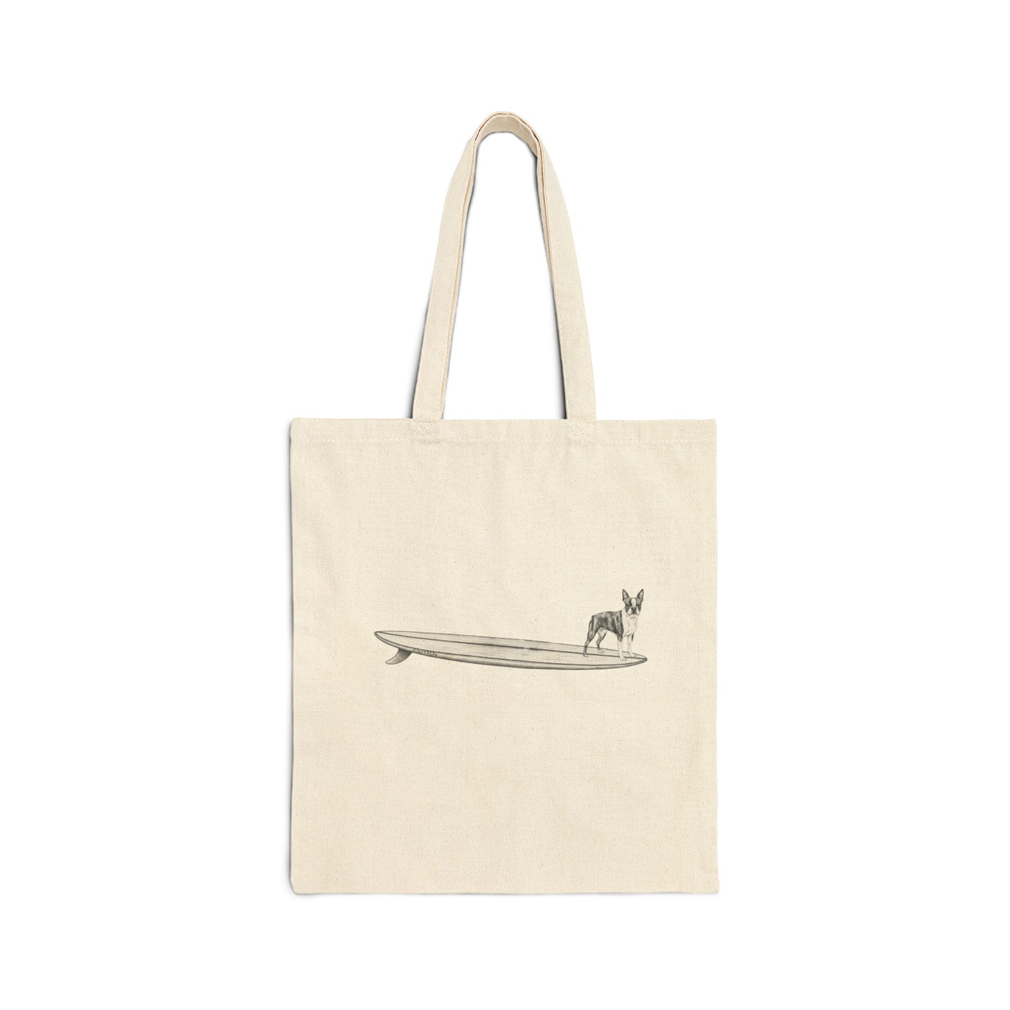 Beige tote bag with a Boston Terrier on a longboard surfboard design on a white background