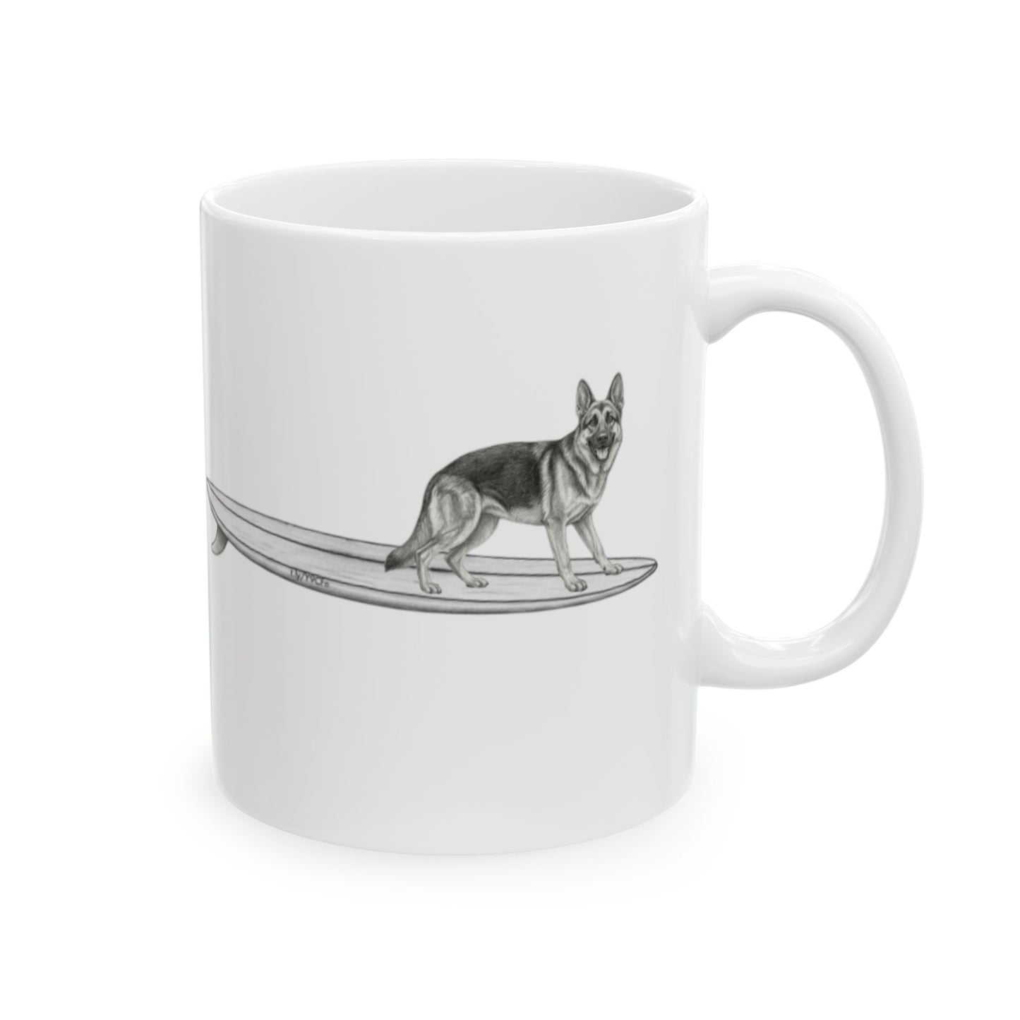 White mug with a graphic of a German Shepherd dog hanging twenty on a long surfboard on a white background.