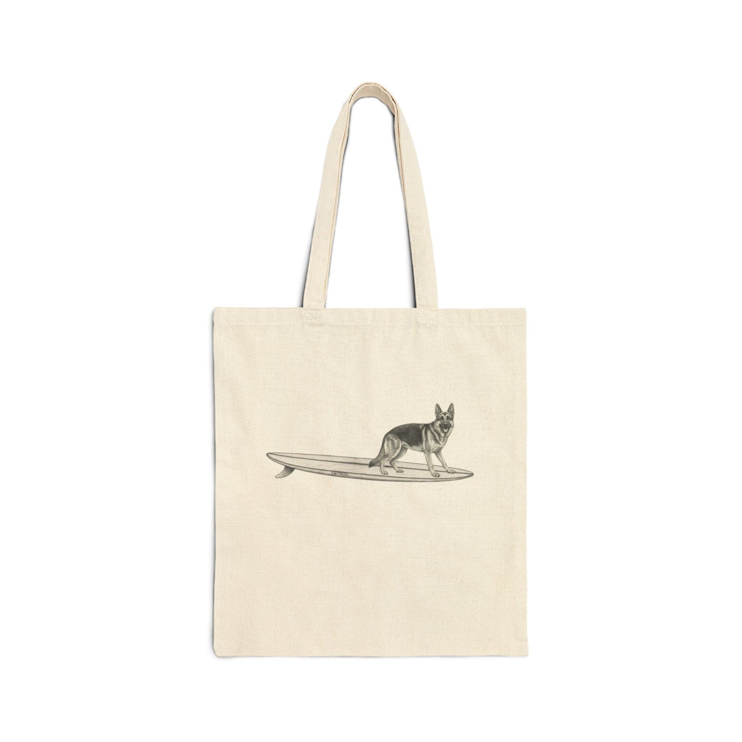 Beige tote bag with a graphic of a German Shepherd dog hanging twenty on a long surfboard on a beige background.