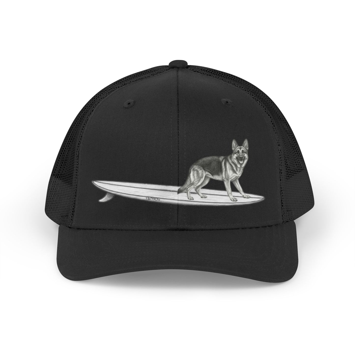 Black mesh trucker hat with a graphic of a German Shepherd dog hanging twenty on a long surfboard on a black background.