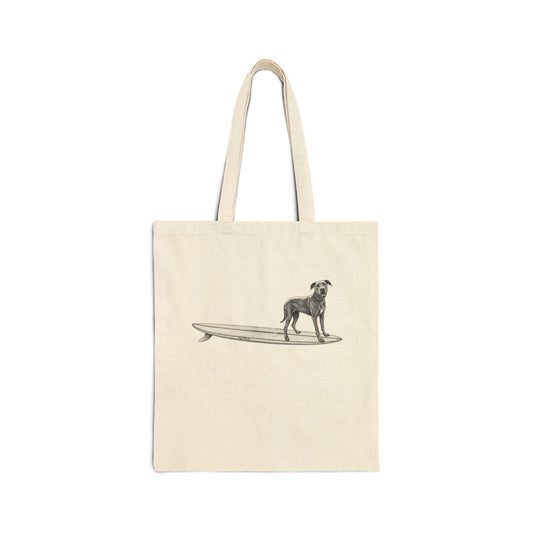 Beige tote bag with a Great Dane on a surfboard design on a beige background