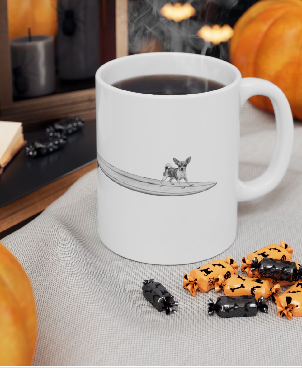 White mug with a design of a chihuahua on a longboard on a white background.
